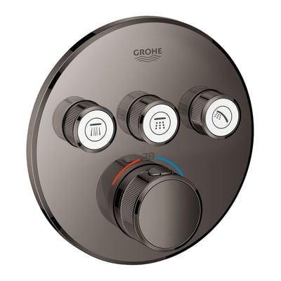 Grohtherm SmartControl termostat til indbygning i antracit, med tre runde greb og en stor betjeningsknap med temperaturvisning.