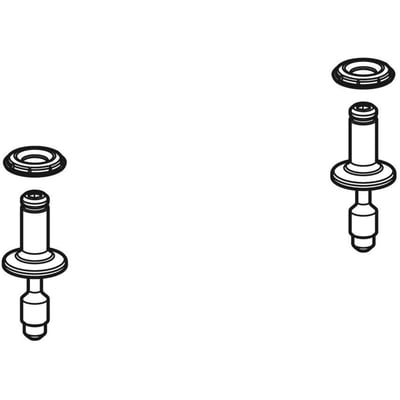 Illustration af to Geberit One hvide metal bolte med tilhørende skiver til montering af toiletsæde på hvid baggrund.