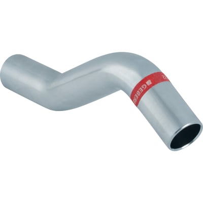 Geberit Mapress overbøjning 28mm i elforzinket stål, viser den ene nippelende med Geberit logo på rød tape.