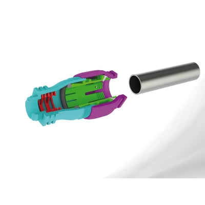 Demonstration af Isiflo Flexi Adapter 27-35 mm x 32 mm i et tværsnit, der viser de interne komponenter i flere farver.