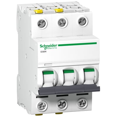 Schneider Electric Acti9 iC60N automatsikring med 3 poler, 40A og 6kA udløseevne, vist med vippekontakter i "OFF" position.