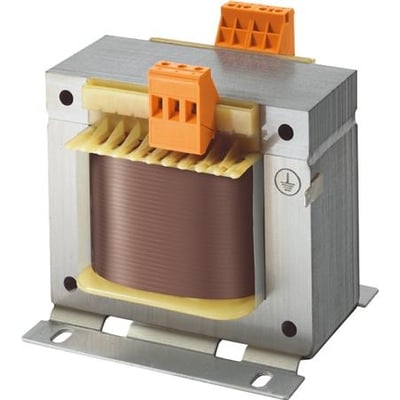 ABB kontroltransformer TM-C 100/115-230 med 100 VA effekt, bundmonteret med orange terminalblokke og synlige kobberviklinger.