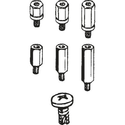 Illustration af forskellige afstandsbøsninger og en enkelt selvskærende montageskrue.