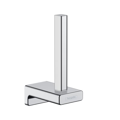 Hansgrohe AddStoris reservepapirholder i krom med en blank metaloverflade og skjult vægmontering, vist på hvid baggrund.