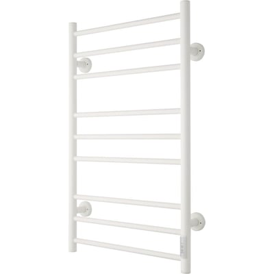 Tvs eldo 9 lige, hvid el-håndklædetørrer med 9 vandrette runde rør og indbygget timerpanel på siden.