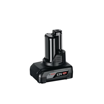 Blåt Bosch 12V 6.0Ah lithium-ion batteri med sort plasthus og tydelig mærkning på hvid baggrund.