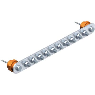 OBO Bettermann BigBar/10 hovedpotentialudligningsskinne med 10xM10 tilslutninger i poleret aluminium med orange isolatorer og jordspyd.