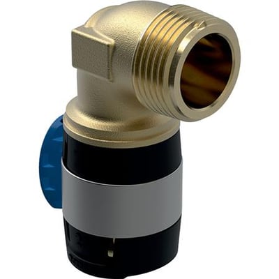 Geberit FlowFit 90° bøjning 40 mm x 1 1/4" i blyfri rødgods med messinggevind og sort klemme.