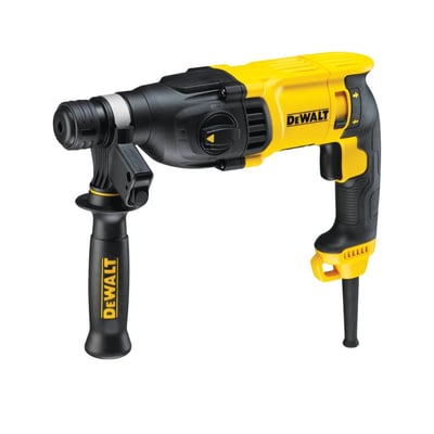 DeWalt D25133K-QS borehammer i gul og sort, med SDS+ borepatron og ergonomisk sidehåndtag på hvid baggrund.