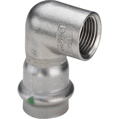 Viega G1 Sanpress Inox overgangsvinkel 90 grader, 15 mm presfitting og 3/4" indvendigt gevind i rustfrit stål.