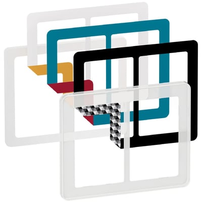 Lauritz Knudsen LK FUGA Choice designramme i transparent, 2x1½ modul med valgfri farveindlæg som hvid, blå, sort og gul.