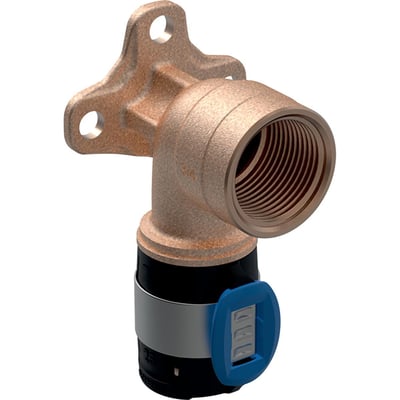 Geberit FlowFit dekkevinkel 90° for 20 mm rør og ½" muffe, vist i kobberfarget utførelse med monteringsflens.