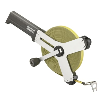 Hultafors YL båndmål på 30 meter med aluramme og gråt håndtag, båndet er 13mm bredt og beskyttet med nylon.