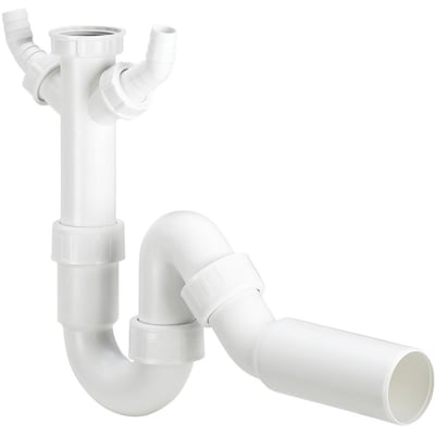 Viega køkkenvandlås i hvid kunststof med 1 1/2" gevind og 50 mm diameter, med 2 studse til spildevandsslangetilslutning.
