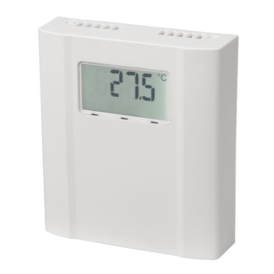Hvit Carlo Gavazzi romføler SHSUTD med integrert display som viser temperaturen 27,5 °C.