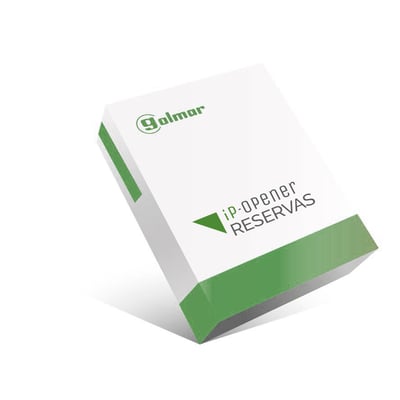 Golmar RES-IPOP modul til booking management, vist i hvid og grøn emballage med produktnavn trykt på.