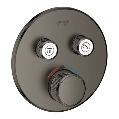 Grohe Grohtherm SmartControl termostatarmatur i børstet Hard Graphite med to ventiler og et stort drejehjul til temperaturstyring.