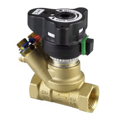 Danfoss MSV-BD manuel indreguleringsventil DN 25, Rp 1", Kvs 9,5 m³/h fremstillet af messing med sort top og målenipler.