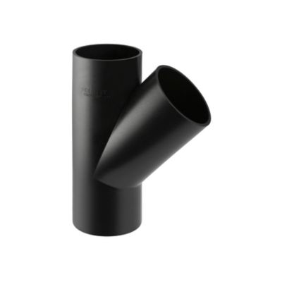 Geberit PE-HD grenrør til avløp med svart, skrått grenstykke i 45° vinkel og dimensjonene 200-110 mm.