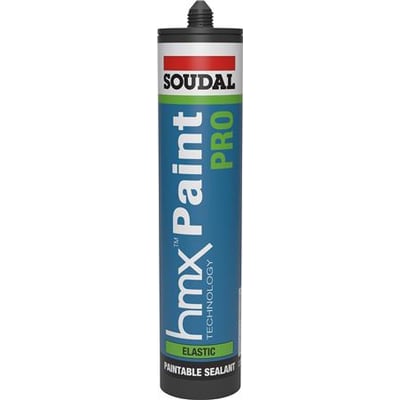 Soudal hmx Paint PRO fugemasse patron i hvid og blå, med grøn tekst der angiver 'Elastic' og 'Paintable Sealant'.