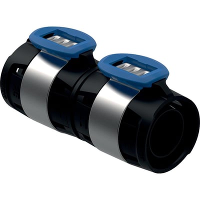 Geberit FlowFit 40mm kobling i sort PPSU med blå detaljer, set fra et let skråt perspektiv.