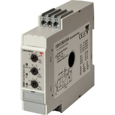 Carlo Gavazzi AC/DC-strømmålerelé på 100 A med tre justeringsknapper og synlige tilkoblinger, sett skrått forfra.