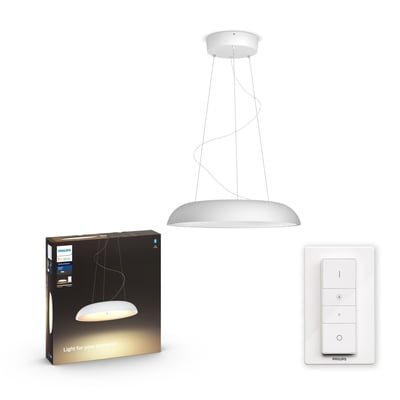 Komplet pakke med Philips Hue Amaze pendel i hvid, æske og Hue Dimmer switch på hvid baggrund.