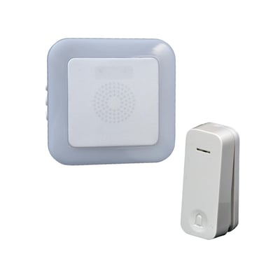 Trend Trådløs Dørklokke premium bluu1 i hvid, modtager og batteriløst dørtryk ses side om side på hvid baggrund.