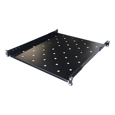 Svart, fast rackhylle fra Toten til G-serien med perforert plate og beslag, sett skrått ovenfra; 566 mm dyp til 800 mm skap.
