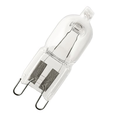 Osram ovnlampe 25W G9 halogenpære vist uden emballage, med synlige kontakter og glaskolbe.