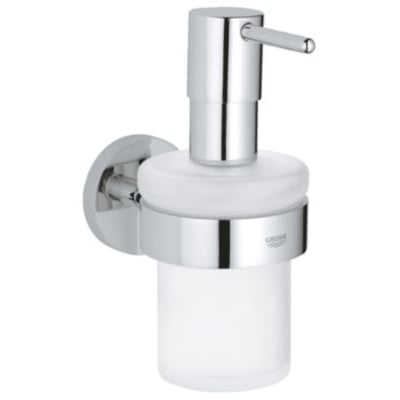 GROHE START sæbedispenser med holder i krom og glas, viser den vægmonterede dispenser med en fyldt frostet glasbeholder.