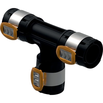 Geberit FlowFit T-stykke 75 mm PPSU i sort, med synlige metalringe og orange låseklips.