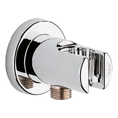 Grohe Relexa tilkoblingsbend for vegg med dusjholder i blank krom, vist skrått forfra med gjengestuss.