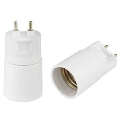 Hvit G12 til E27-adapter for 230 V, vist stående og liggende med G12-pinner og E27-sokkel.