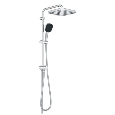 Grohe Vitalio Comfort 250 flex brusesystem i krom med hovedbruser og håndbruser, vist med hvid baggrund.