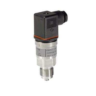 Danfoss tryktransmitter MBS 1700 med G1/2 tilslutning og PG9 elektrisk tilslutning, viser den kompakte metal- og plastkonstruktion.