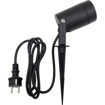 Nordtronic Spike havespot i mat sort med jordspyd, 145 cm ledning og stikprop, vist på hvid baggrund.