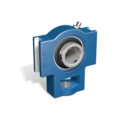 SKF SY-serie stållagerenhed komplet med 50mm indvendig diameter, støbejernshus og indsatsleje i blå farve.