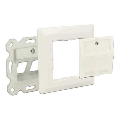 DeLock Keystone-vegguttak med 2 porter i hvitt, vist demontert med frontplate og monteringsramme i metall.