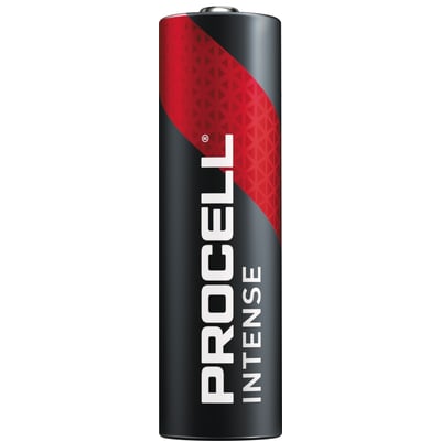 Duracell Procell Alkaline Intense AA-batteri PX1500 på 1,5 V, sort med rødt mønster og synlig pluspol.