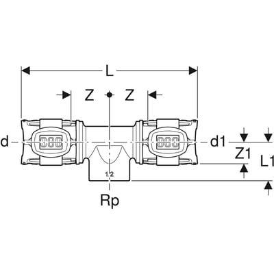 Teknisk tegning af Geberit FlowFit T-stykke med dimensioner og betegnelser for 75mm x 1" x 75mm, blyfri rødgods.