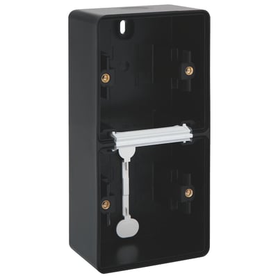 Niko lodrette 2-modul underlag i sort plast, IP55-klassificeret, viser indvendig monteringsstruktur.