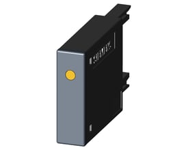 Siemens friløbsdiode med LED til DC 24-70V, størrelse S00, med en gul cirkel på den grå front.