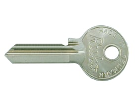 ASSA ABLOY sylinderemne i nysølv fra serie 500 for 5-stiftede sylindere, sett forfra med nøkkelhode og nøkkelspor.