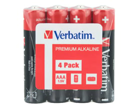 Verbatim alkaline-batterier i AAA-størrelse med 1,5 V vises samlet i rød og sort emballage.