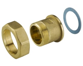 Danfoss gevindnippel med 1 1/2 x 2" gevind og DN40, vist som tre separate dele: en koblingsmøtrik, en nippel og en pakning.