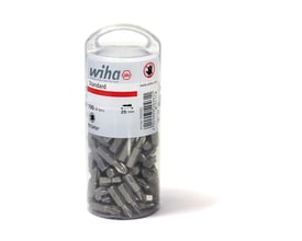 En klar plastboks indeholdende 100 stk. Wiha TORX T25 bits på 25 mm, vist med tydelig mærkning af brand og indhold.