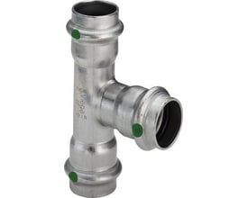 Viega G1 Sanpress Inox t-stykke i rustfrit stål med dimensioner 35 x 22 x 35 mm og tre presmuffer.