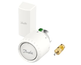 Danfoss Aveo servicetermostat i hvid med grøn drejeknap og fjernføler samt adapter til RA/VL ventil.