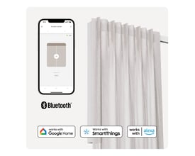 MotionBlinds smart gardinskinne med app-styring, Bluetooth-logo og integration med Google Home og Alexa.